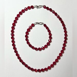 Vintage Red Ruby Glass Bead Necklace And Bracelet Set Silver Plate Hook Closure